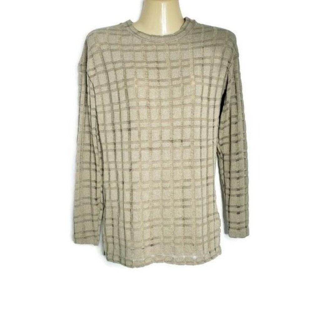 Zara Beige Plaid Sheer‎ Knit Long Sleeve Top Layering Piece Size Small